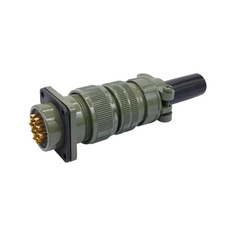 Circular MIL-C connector, front view, olive-green body with panel-mount flange and gold-plated pins, attached cable