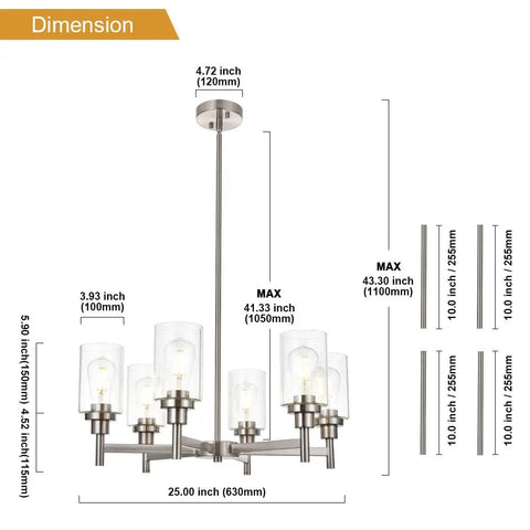 Dimensions of Six Light Contemporary Brushed Nickel Chandelier With Clear Glass Cylinder Shades Modern Pendant Lighting Fixture