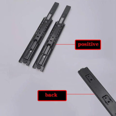 Butter Smooth Full Extension Drawer Slides One Pair Soft Close Ball Bearing Side Mount Runners close up view of metal slides.