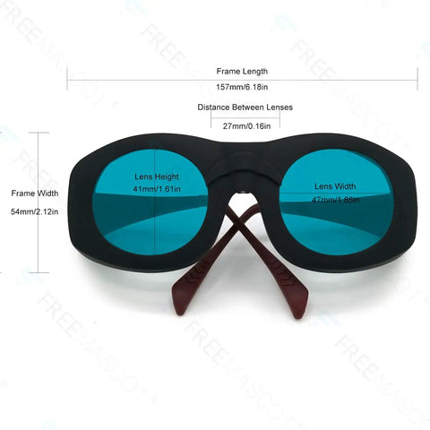 Premium Infrared Laser Safety Glasses Delivering Hefty Od 7 Plus Armor For 680 To 1100 And 1200 To 1380 Nanometer Waves with blue lenses and black frames.