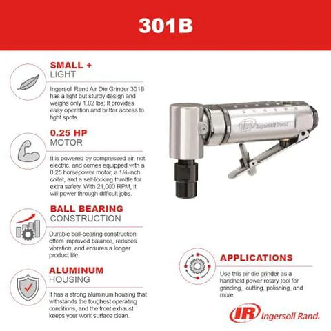Ingersoll Rand 301B 1/4-inch right-angle air die grinder, aluminum housing, black, side view
