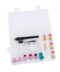 Top Tier TIG Welding Torch Consumables Kit With Gas Lens Ceramic Nozzles Copper Electrode Clips and Heat Resistant Parts For Long Lifespan Professional Jobs in a clear storage case.