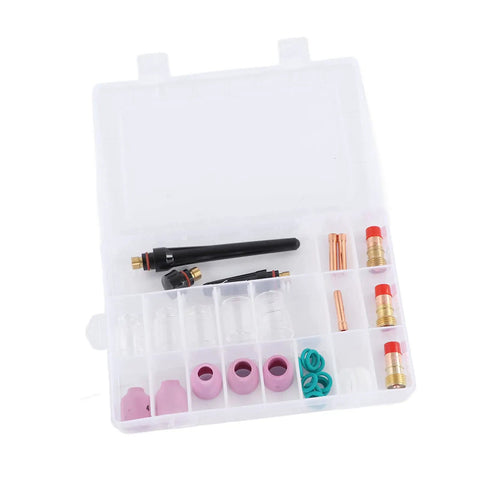 Top Tier TIG Welding Torch Consumables Kit With Gas Lens Ceramic Nozzles Copper Electrode Clips and Heat Resistant Parts For Long Lifespan Professional Jobs in a clear storage case.