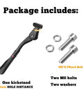 Package includes Rear Mount Bike Kickstand Built Tough With Adjustable Aluminum Alloy Fits 24 To 29 Inch Electric And Mountain Bikes 40mm Hole Spacing Heavy Duty Stand For Adults Easy Install Sturdy Long Lasting Kickstand For Daily Rides with bolts and washers.