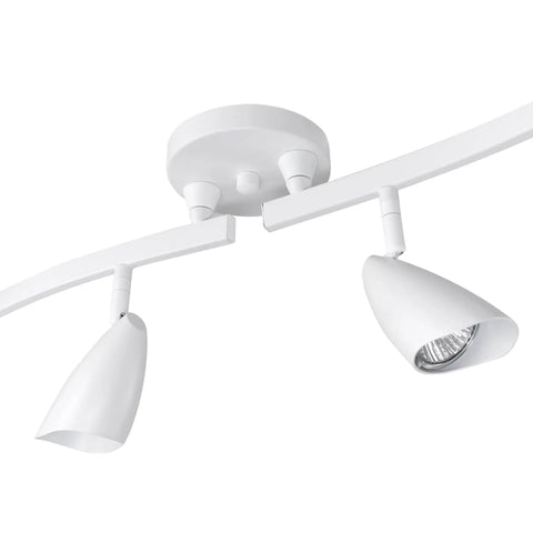 White ceiling base of 52 Inch Six Light S Shaped Track Lighting Kit In A Cool Matte Black Finish With Adjustable Heads And Pivot Shades