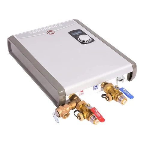 Three Quarter Inch Push To Connect Tankless Water Heater Valves Installation Kit with brass hot and cold valves attached
