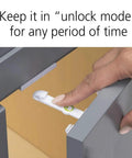 Eight Piece Adhesive Cabinet Latches in white, easy peel and stick install, no tools needed, shown in unlock mode on cabinet