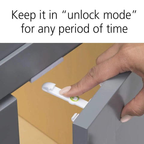 Eight Piece Adhesive Cabinet Latches in white, easy peel and stick install, no tools needed, shown in unlock mode on cabinet