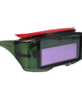 Top Shelf Auto Darkening Welding Goggles With Rugged Impact Resistant Lens For Hardcore Industrial And Garage Work side view showing green frame and purple lens.