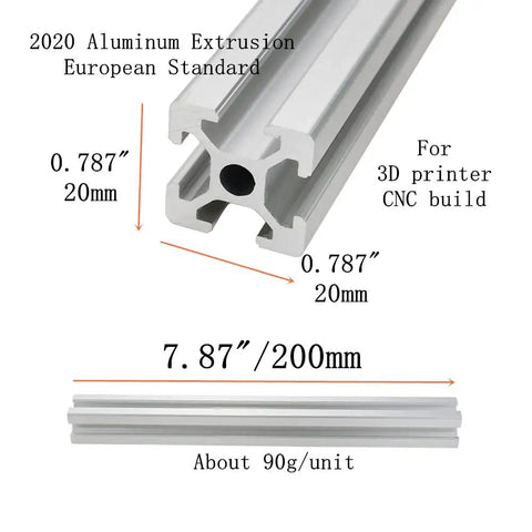 4 Pack 2020 Aluminum T Slot Extrusion European Standard Anodized Linear Rail For CNC Machines And 3D Printers, Silver Finish, dimensions