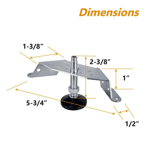 Heavy Duty Adjustable Corner Leveling Feet 4 Pack With Tough Nylon Pads And Precision M10 Bolts dimensions and measurements labeled