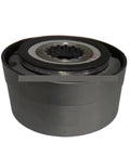Electromagnetic brake unit with black cylindrical housing and silver splined inner bore (front view)