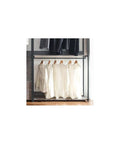 Heavy Duty Wood Walk In Closet Organizer System With Customizable Shelving And Rustic Gray Finish, featuring white shirts hanging on a rod.