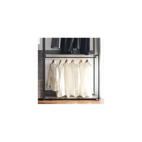 Heavy Duty Wood Walk In Closet Organizer System With Customizable Shelving And Rustic Gray Finish, featuring white shirts hanging on a rod.
