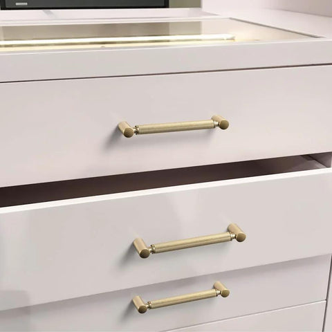 6 Pack 5 Inch Center To Center Knurled Cabinet Pulls In Champagne Bronze With Circular End Caps on dresser drawers