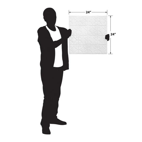 Person holding 24x24 inch panel from 5 Pack Tin Ceiling Tiles 24 by 24 Inches Nail Up Panels Pattern Three Raw Victorian Floral Diamond Design