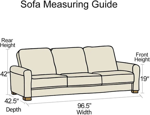 Sofa measuring guide with dimensions detailing width, depth, and height for Clear Heavy Duty Plastic Couch Cover For Pets.