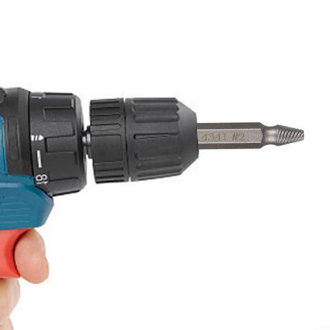 Heavy Duty Double Headed Screw Extractor Set 6 Pieces Removes Stripped Rusty Broken Bolts Like A Champ High Speed Steel Drill Bits 2-12mm Tough Gear For Any Mechanic Job That Needs Serious Guts, close-up in drill chuck