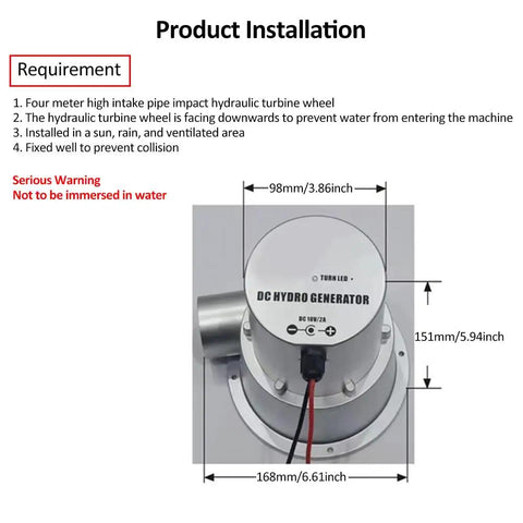 36W High Efficiency Brushless Hydroelectric Generator dimensions and installation instructions