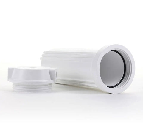 10 Inch White RO Filter Housing With Flat Cap For Home Water Systems, White Polypropylene Body, One Quarter Inch Ports, 75 PSI Max