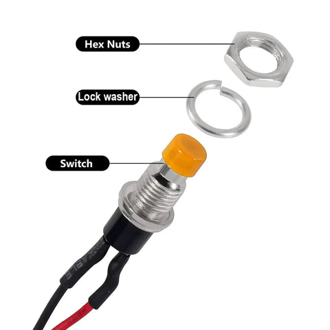 12 Pack 7mm Prewired Momentary Push Buttons SPST NO NC 2-Pin for Model Railways Hobby with yellow cap, lock washer, hex nut