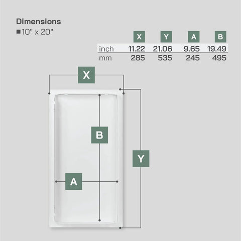 Dimensions of White Metal Wall Access Panel For Drywall Plumbing And Electrical Service Hatch, 10" x 20" opening, clean layout.