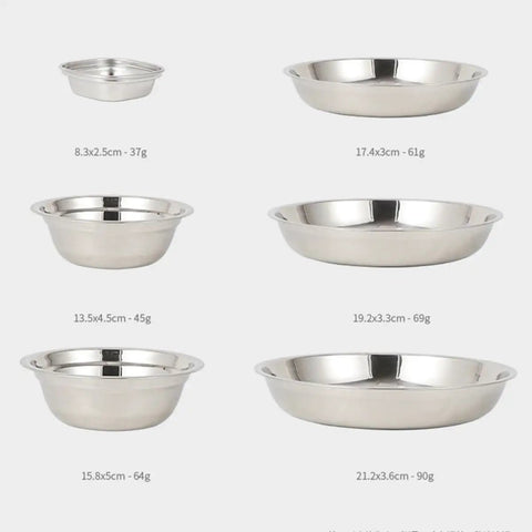 Stainless Steel Outdoor Dining Set With Plates Bowls And Cutlery Compact Camping Tableware Kit sizes and weights displayed