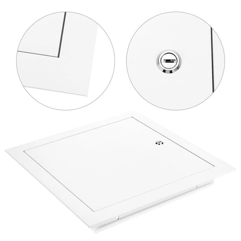 QWORK 10x10 flush access door panel, white powder-coated aluminum for drywall and ceiling service.

Close-up of the panel edge showing flush white aluminum surface.

Close-up of round lock cylinder on white powder-coated aluminum flush access door.