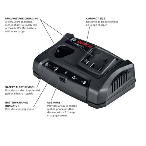 GAX1218V 30 18V 12V Dual Bay Lithium Ion Battery Charger With USB Port, compact design with charging indicators