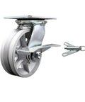 Heavy Duty Six Inch Semi Steel V Groove Caster With Sleek Silver Swivel Wheel and Rock Hard Top Plate Mount with Side Brake Lock.