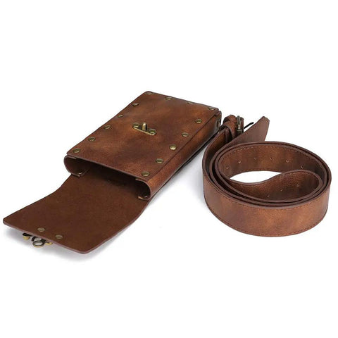 Heavy Duty Steampunk Crossbody Waist Pack Adjustable Chain Strap Gothic Fanny Sling Messenger Bag Vintage brown knit pouch and belt.