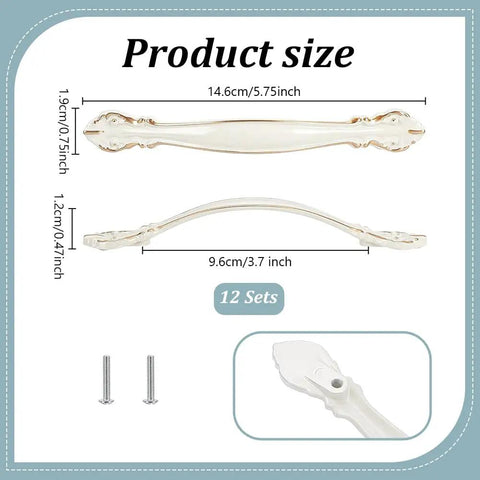 Vintage Alloy Cabinet Pulls 12 Sets White Drawer Handles 3.7 Inch 96mm Hole Centers with size dimensions displayed