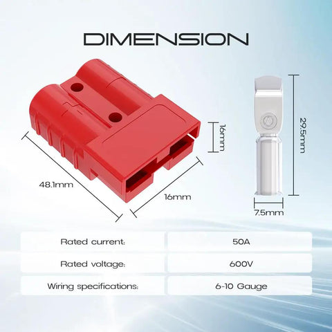 Super Braw Anderson Plug Connectors 50 Amp Heavy Duty Wire Harness dimensions, showing 48.1mm red housing for quick disconnect.