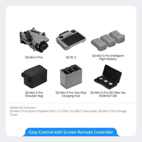 Mini 5 Pro Fly More Drone Bundle With RC 2 Remote, 3 Batteries, Deco Gear Hub Bundle, compact foldable setup displayed
