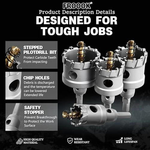 FROOOK 22-piece carbide hole saw kit for metal with titanium pilot and 3 L-wrenches