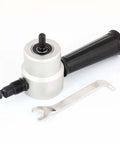 Double Head Sheet Nibbler Drill Attachment in black and gray with wrench for metal cutting, 7.4mm cut, 27mm hole, 7x2x3 inches, 437g.