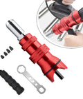 Upgrade Your Tool Kit With This Electric Rivet Adapter For Cordless Drill Turning Any Power Tool Into A Heavy Duty Alloy Steel Riveting Machine With Four Nozzles For Quick Blind Sheet Metal Settings, red alloy steel drill attachment with nozzles