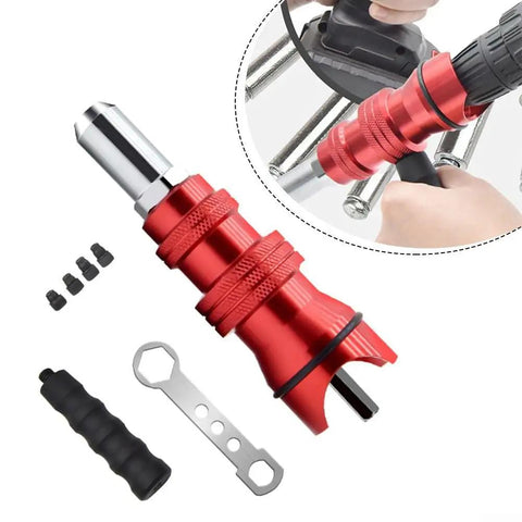 Upgrade Your Tool Kit With This Electric Rivet Adapter For Cordless Drill Turning Any Power Tool Into A Heavy Duty Alloy Steel Riveting Machine With Four Nozzles For Quick Blind Sheet Metal Settings, red alloy steel drill attachment with nozzles