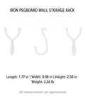 Iron pegboard wall storage rack hooks detailed view, length 1.77 in, width 0.98 in, height 2.56 in, weight 2.20 lb
