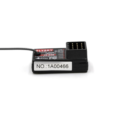 Side view of Flysky FS-R4B 2.4GHz 4CH Receiver With ANT Protocol And Single Antenna PWM Output showing label and connection ports.