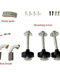 Beast Mode 550W 110V Servo Sewing Machine Motor spare parts including brake pads, fuse, carbon brushes, and screws.