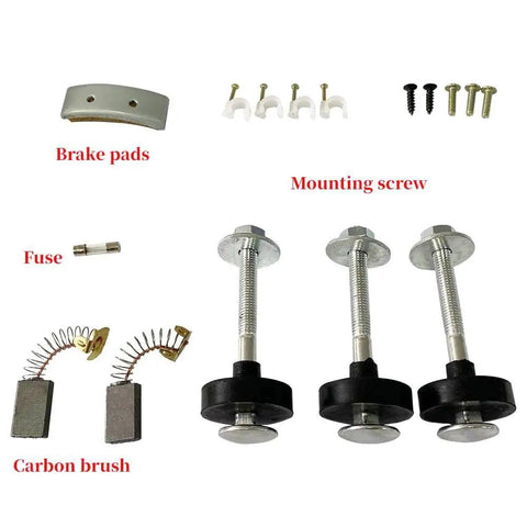 Beast Mode 550W 110V Servo Sewing Machine Motor spare parts including brake pads, fuse, carbon brushes, and screws.