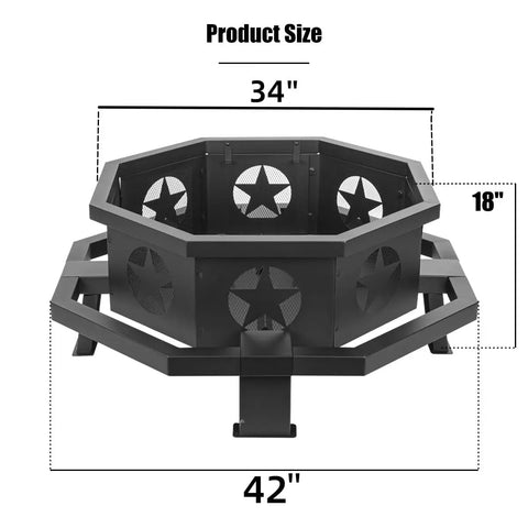 42 Inch Outdoor Fire Pit With Heavy Duty Wood Burning Design, Octagonal Patio Campfire Pit, dimensions 42x34x18 inches