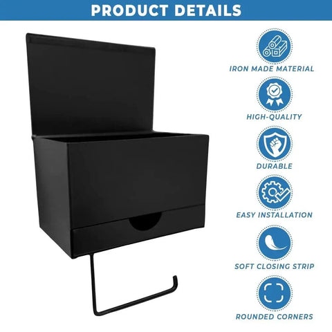 Sleek Matte Black Toilet Paper Holder With Shelf And Drawer Wall Mount Dispenser showing design details