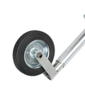 Close-up of a Built Tough Top Wind Trailer Jack With Jockey Wheel And Clamp Europe Type RV Stand, 48mm tube, 150kg capacity.