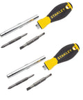 Two Stanley screwdrivers with chrome bars and interchangeable heads, part of the Six-In-One Screwdriver Set Pack Of Two With Ergonomic Bi-Material Handle And Chrome Plated Bar Includes Phillips One And Two Slotted One Quarter And Three Sixteenths Nut Drivers One Quarter And Five Sixteenths Great For Kitchen And Auto DIY.