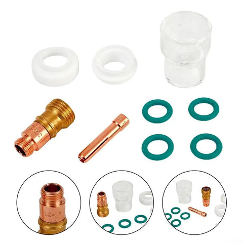Stout 9-Piece TIG Welding Accessories Kit With #12 Glass Cup For WP-17 And WP-18 Torch components, including collets and insulators.