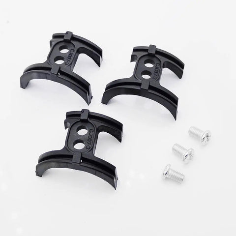 Three Pack Bike Bottom Bracket Cable Guides For Shifters And Road Bikes Anti Friction Guide Set Durable Plastic And Metal Screw Construction For Easy Install And Smooth Shifting No Fuss displayed with three black guides and silver screws.