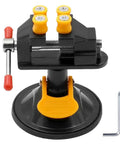 Mini Table Vise With Suction Base, 360 Degree Rotating Clamp, 0 to 25mm Jaw, in black and yellow with Allen key