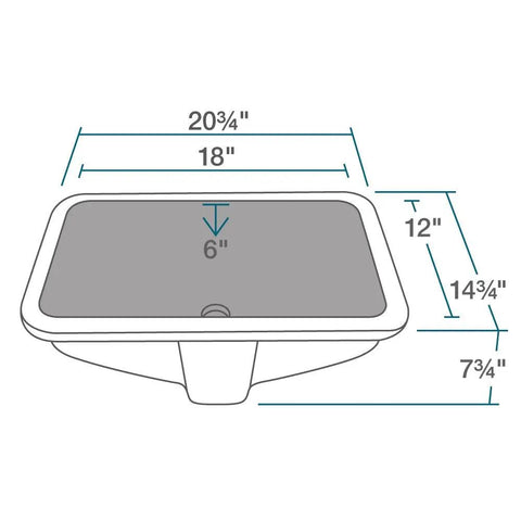 Dimensions diagram of Black Rectangular Porcelain Undermount Sink With Chrome Pop Up Drain Deeply Arched Basin Safe Overflow Vitreous China Construction Built To Last For Modern Vanity Tops And Easy Cleaning.